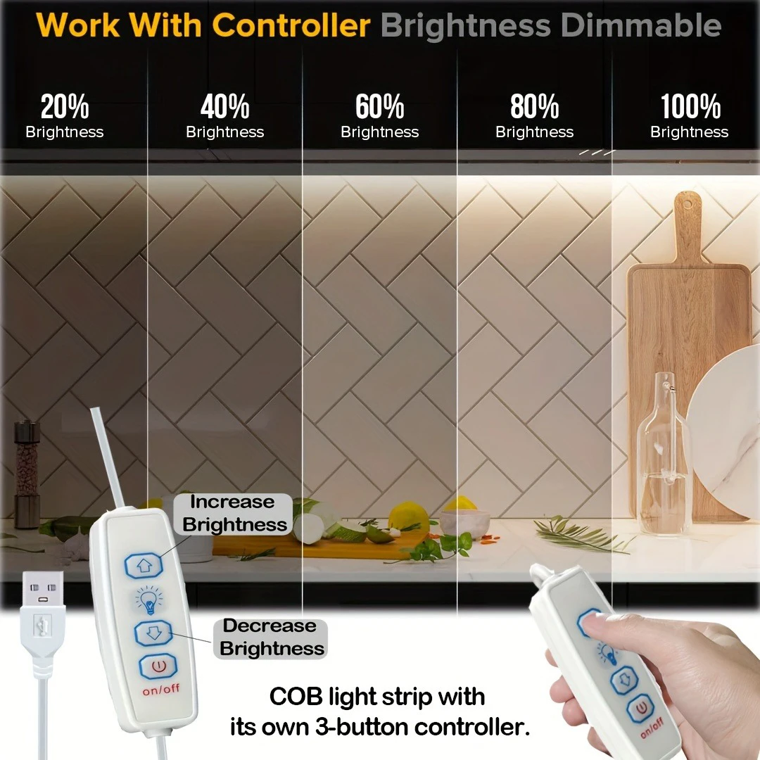 Strisce luminose a LED COB USB 5V con dimmer a 3 tasti Nastro a diodi flessibile Bianco caldo per la luce dell'armadio con retroilluminazione dello specchio TV della stanza