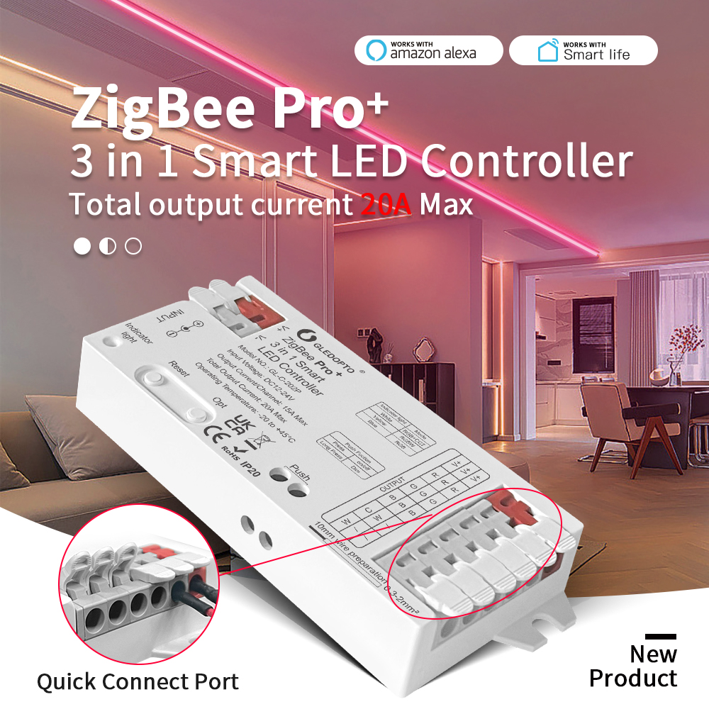 GLEDOPTO ZigBee 3.0 Pro+ 3-in-1 RGBCCT/RGBW/RGB LED-Streifenlicht-Controller 20 A Max H/ue Alexa Homey Tuya Smart APP Sprachsteuerung