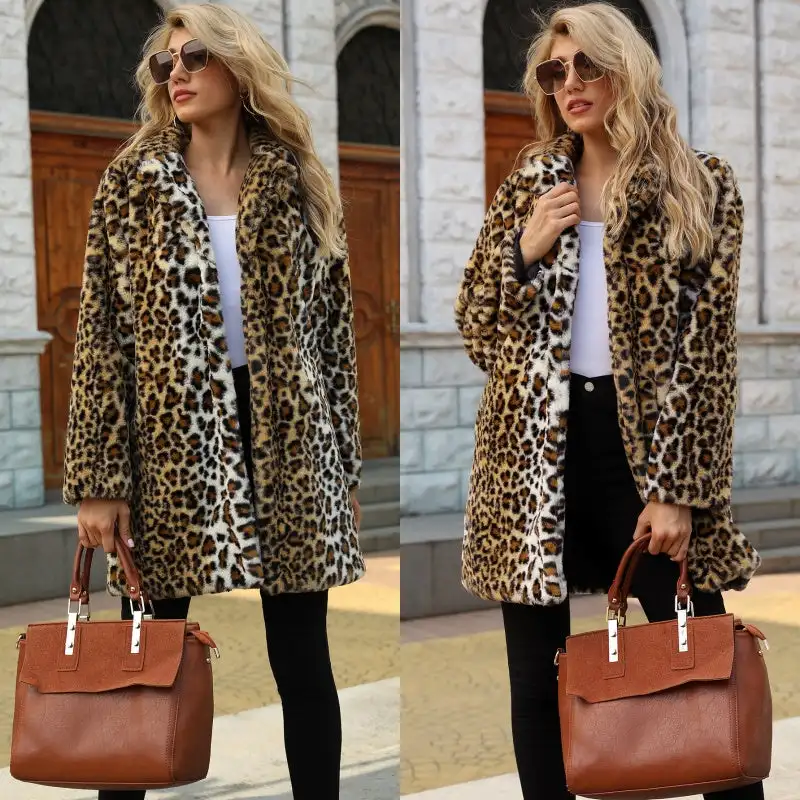 Manteau en fausse fourrure imprimé léopard pour femmes, ouvert sur le devant, col de costume flou, mode femme, manteau mi-long chaud en fausse fourrure