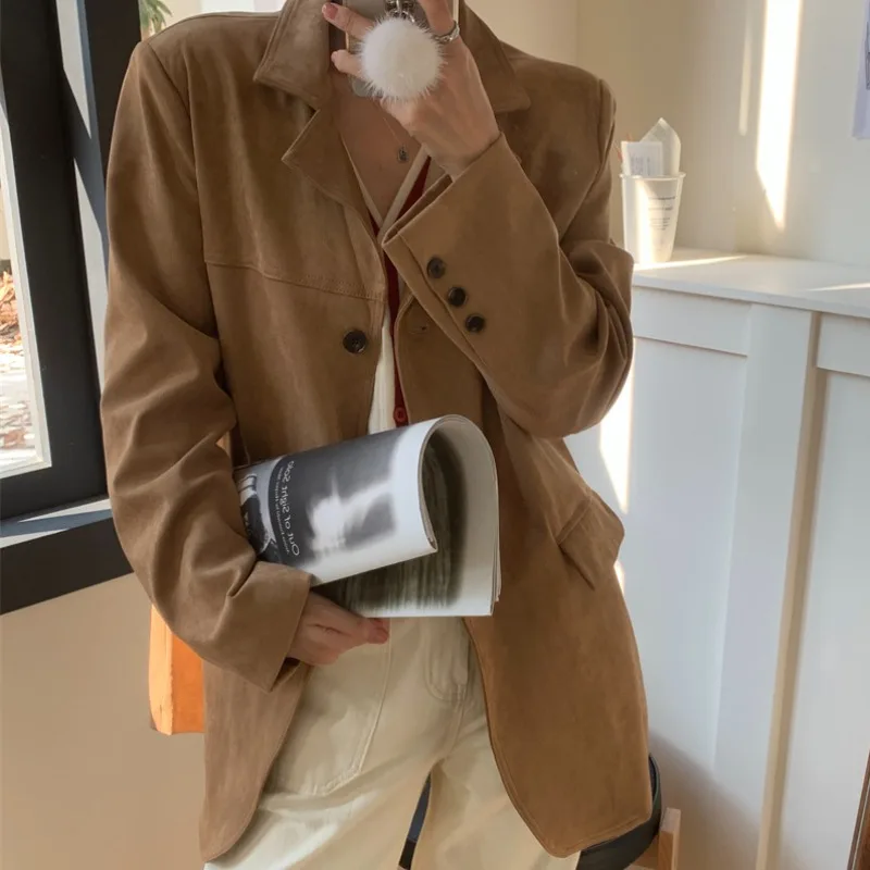 Jaqueta de Couro Casual Fena Estilo Coreano Retrô, Solta, com Padrão Xadrez, Manga Longa, Fechamento com Um Botão