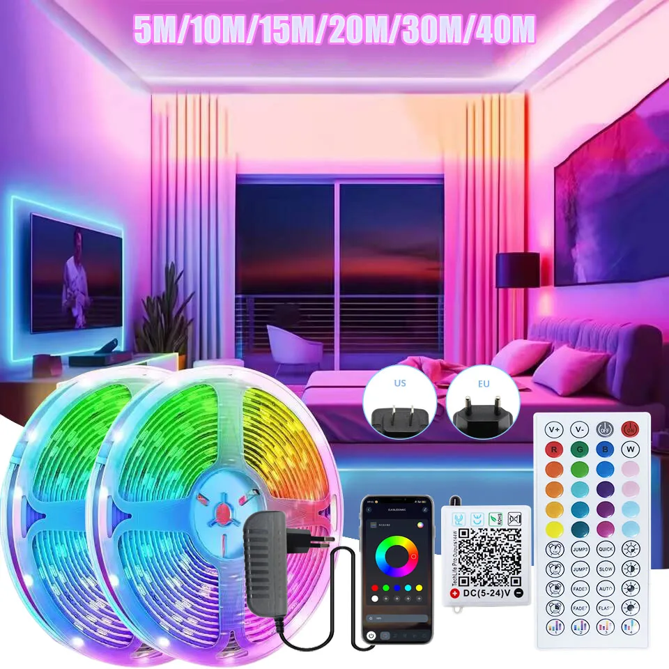 Tira de luces Led Rgb de 24V CC, 5M, 10M, 15M, 20M, 30M, 40M, luz Led para habitación con Control por aplicación, cinta Flexible de Luces para decoración de habitaciones