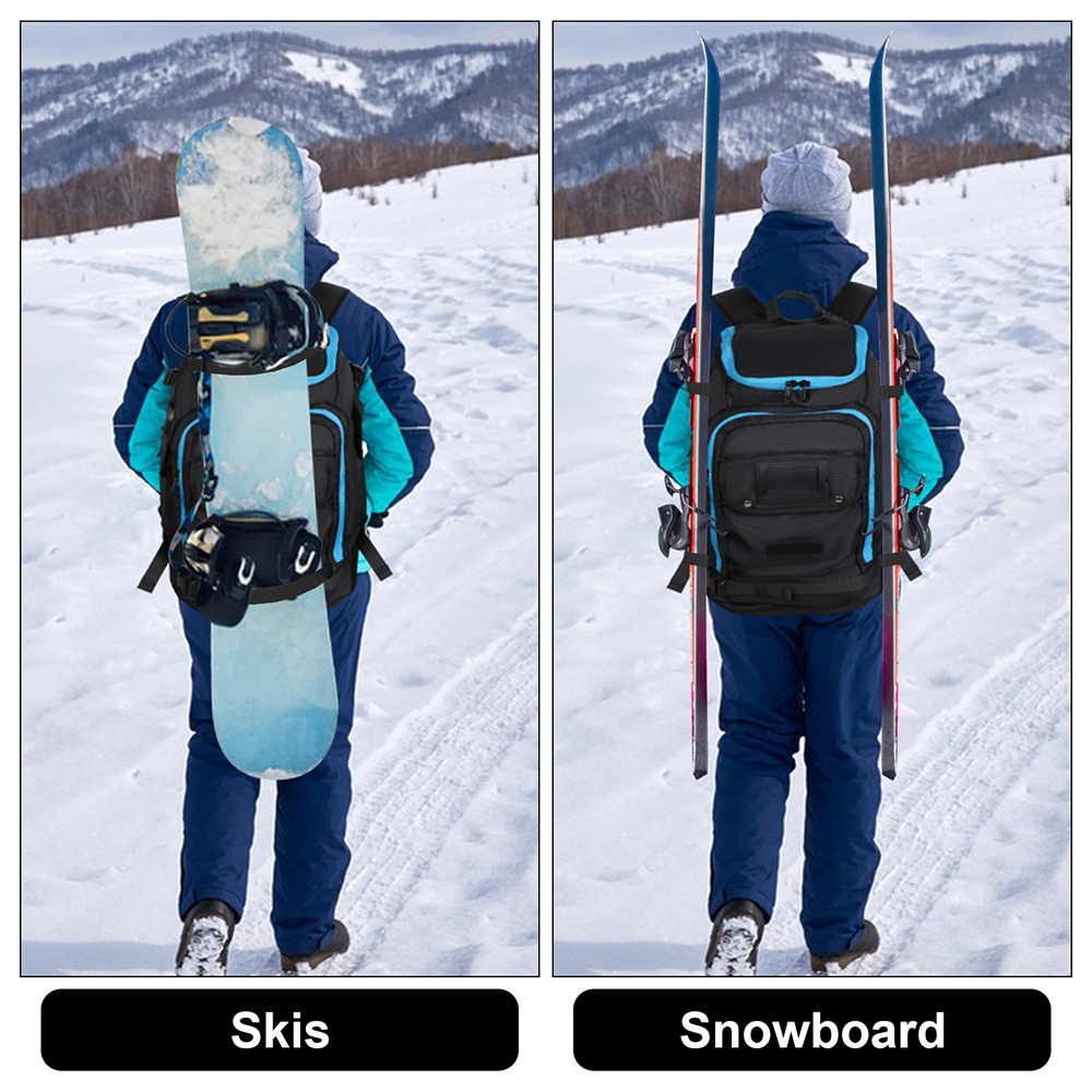 Bolsa para bota de esqui de viagem, mochila 50l de grande capacidade à prova d'água para botas de snowboard, capacete, óculos, pendurar esquis, separação seca e molhada