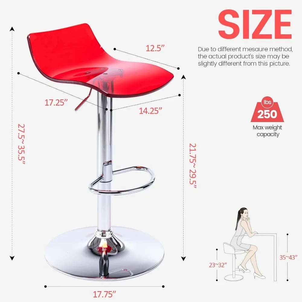 Acrylic Bar Stools Set of 2, Transparent Swivel Adjustable Airlift Barstools with Low Back, Counter