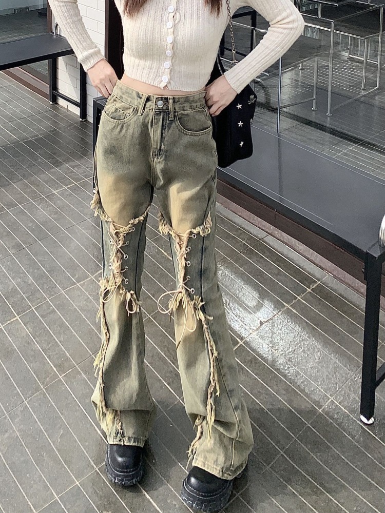 Celana kasual lurus Retro Amerika Oversize Y2k Grunge kaki lebar longgar pinggang tinggi 2025 Jeans bawah Bell baru wanita