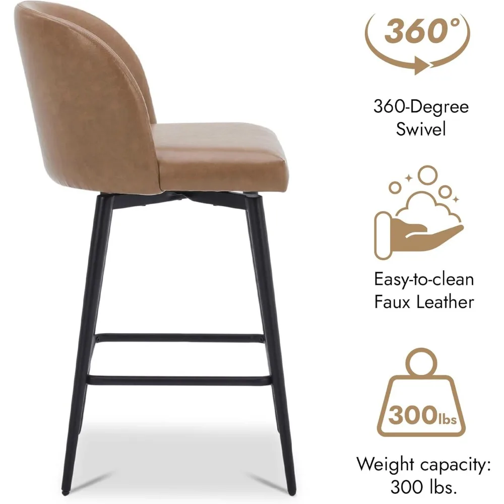 Counter Height Bar Stools Set of 3, 360° Swivel Upholstered Barstools with Backs and Metal Legs, 26" H Seat