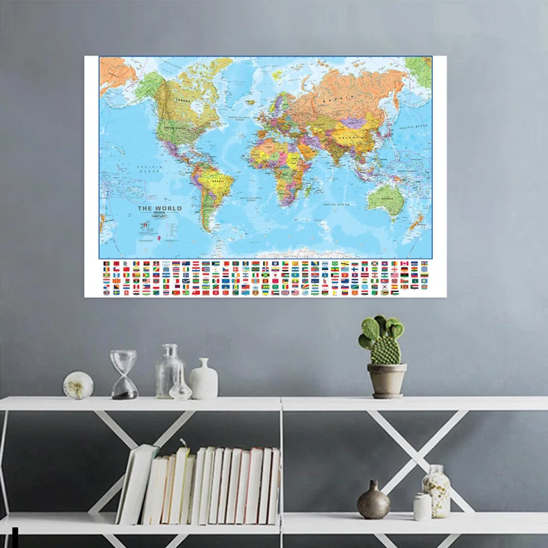 Mapa del mundo en inglés, pintura en lienzo no tejido, póster grande, sala de estar, suministros escolares de oficina, decoración del hogar, 225x150cm