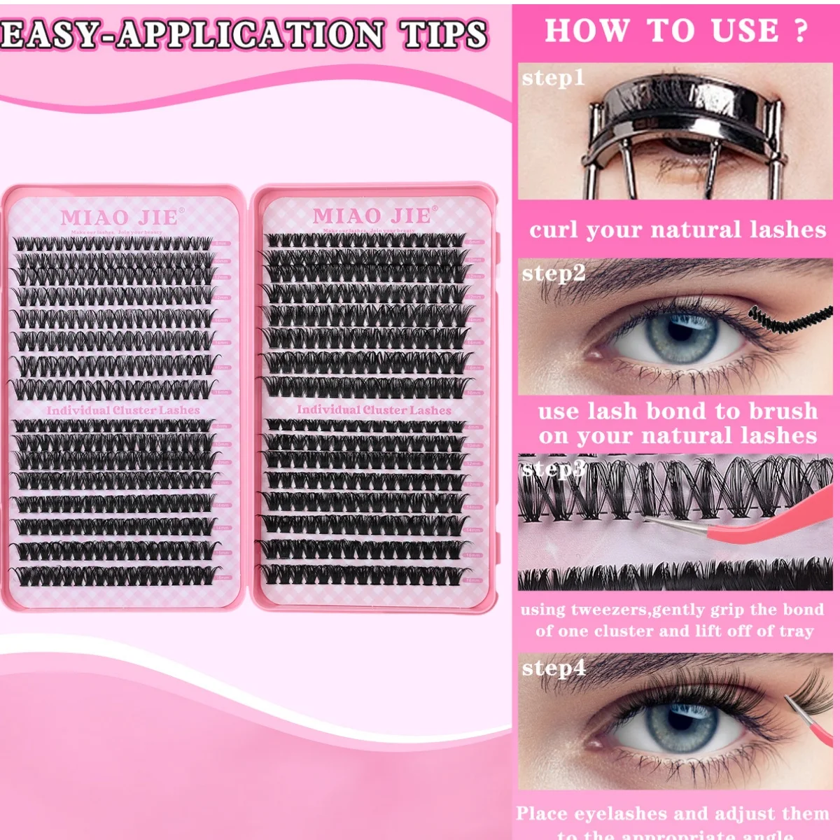 Miaojie kit de extensão de cílios diy, 720 peças, clusters de cílios individuais, kit com ligação e vedação de cílios, cílios naturais finos
