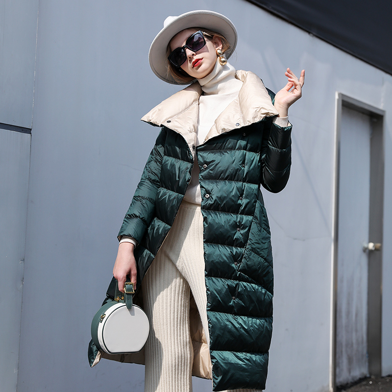 Ftlzz-女性用両面ダウンロングジャケット,ダブルブレスト,スノーアウター,ウォーム,パーカー,スタンドカラー,ラペル,ホワイトダックダウンコート,90%