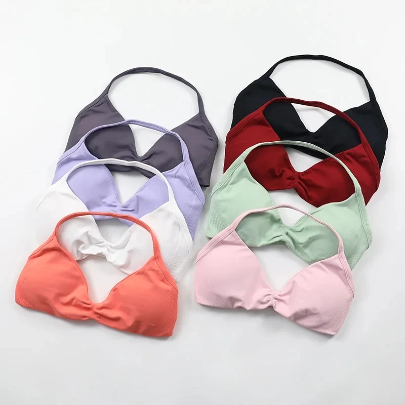 Reggiseno con spalline Top da palestra da donna Supporto alto con cinturino sottile Halter Reggiseni sportivi senza cuciture Scrunch Push-up Allenamento Canotte da yoga