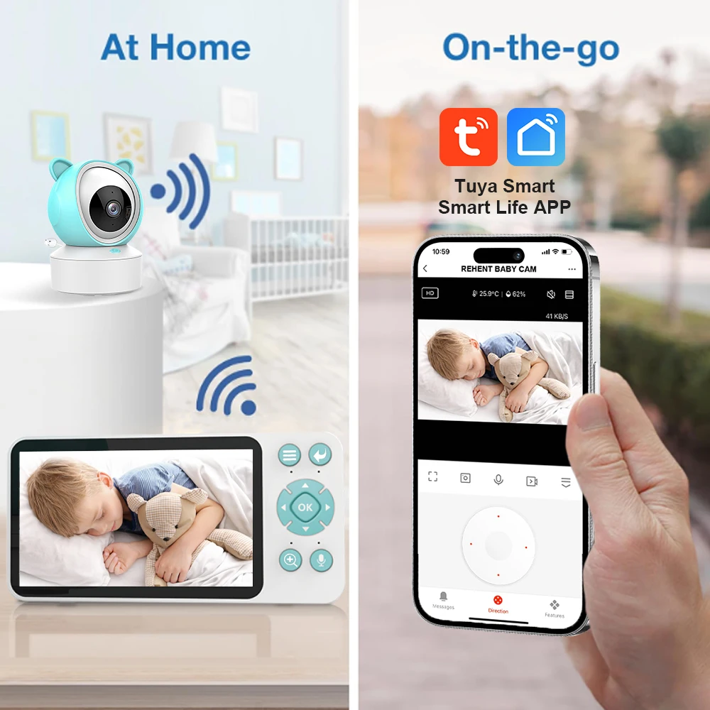 5 "Tuya Smart WiFi recordatorio de alimentación temperatura movimiento detección de sonido APP Ver Control Audio Video bebé monitores cámara 1080P
