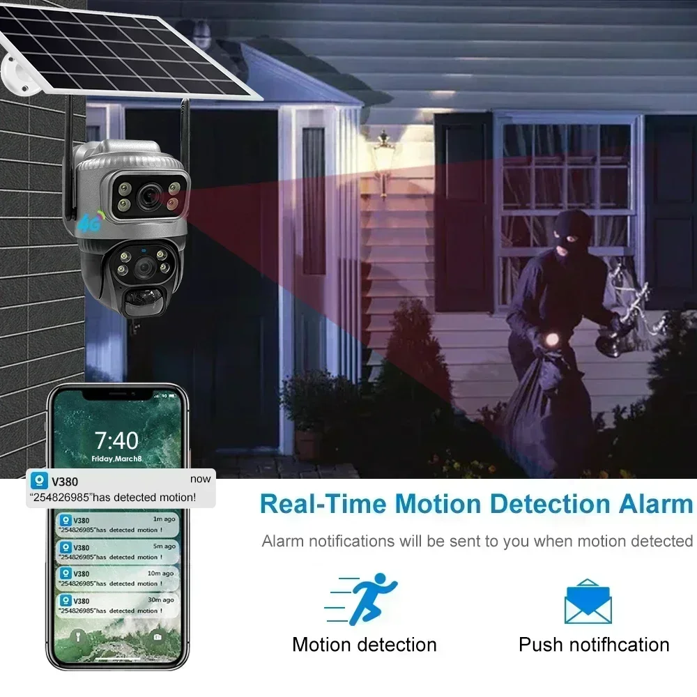 V380 Dual Lens 4G Solar Camera PIR Human Detection Night Vision Security Video Waterproof IP Camera 8MP 4K Battery CCTV Monitor