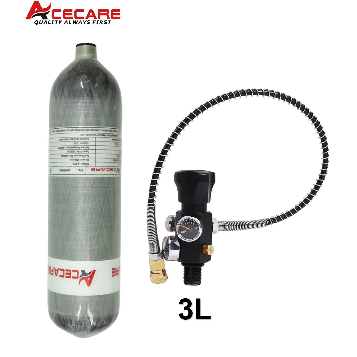 Acecare cilindro de fibra de carbono 3l com válvula reguladora de estação de enchimento 300bar 4500psi tanque de alta pressão mergulho m18 * 1.5