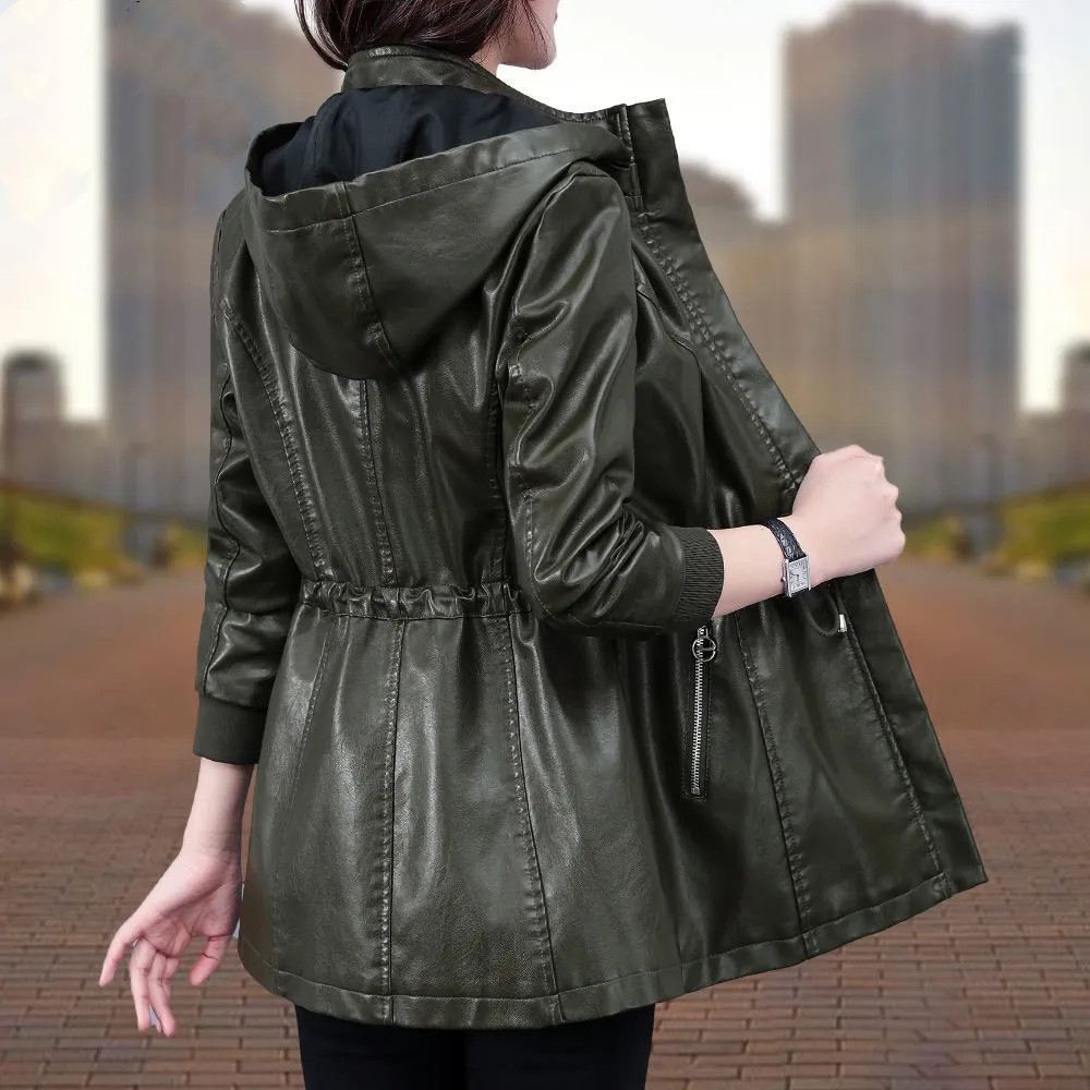 女性の Pu レザーコート春秋のファッションフード付きオートバイジャケット女性カジュアルジッパーフェイクレザーウインドブレーカー 4XL Y1000