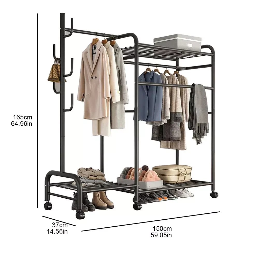 Clothes Rack Heavy Duty Coat Shelf Double-Rod Hats Clothes Rack With Hooks Hanging Clothe Organizer Floor Hangers Organizer