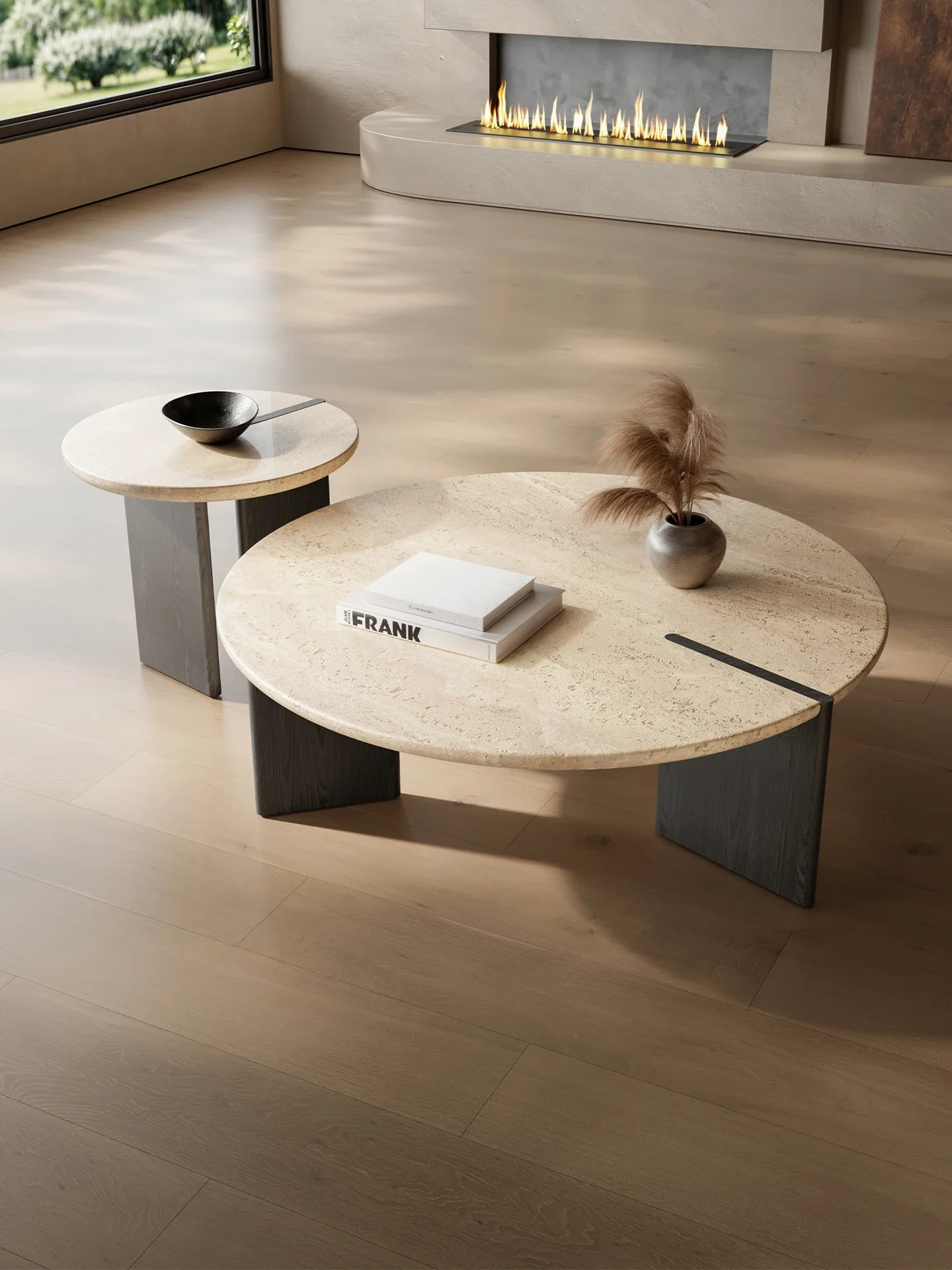 "Mesa de centro de travertino natural artesanal – Base redonda vintage de madeira e mesa de designer superior em mármore para sala de estar de luxo"