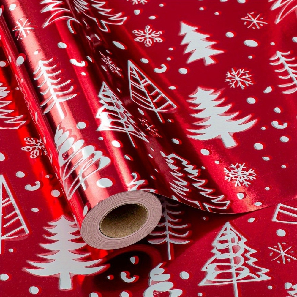 1 rollo de papel de regalo rojo navideño, 17 pulgadas x 33 pies, árbol de Navidad rojo brillante metálico de lujo y rollo de papel de aluminio para nieve, regalo de vacaciones de invierno