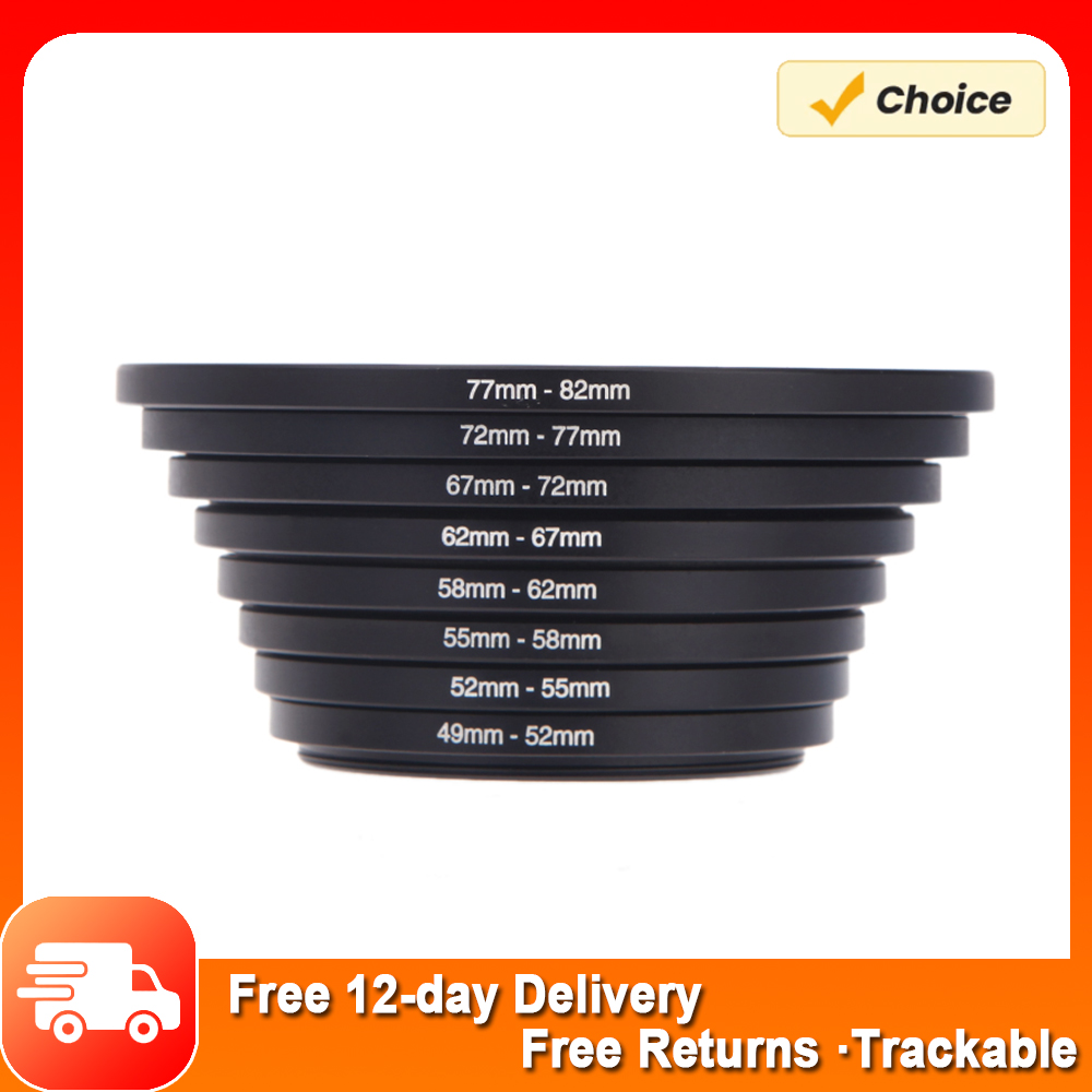 8pcs Filter Step Up Rings Adapter 49-52-55-58-62-67-72-77-82mm 49mm-82mm Step-up Ring Anodized Aluminum Material as Lens Hood