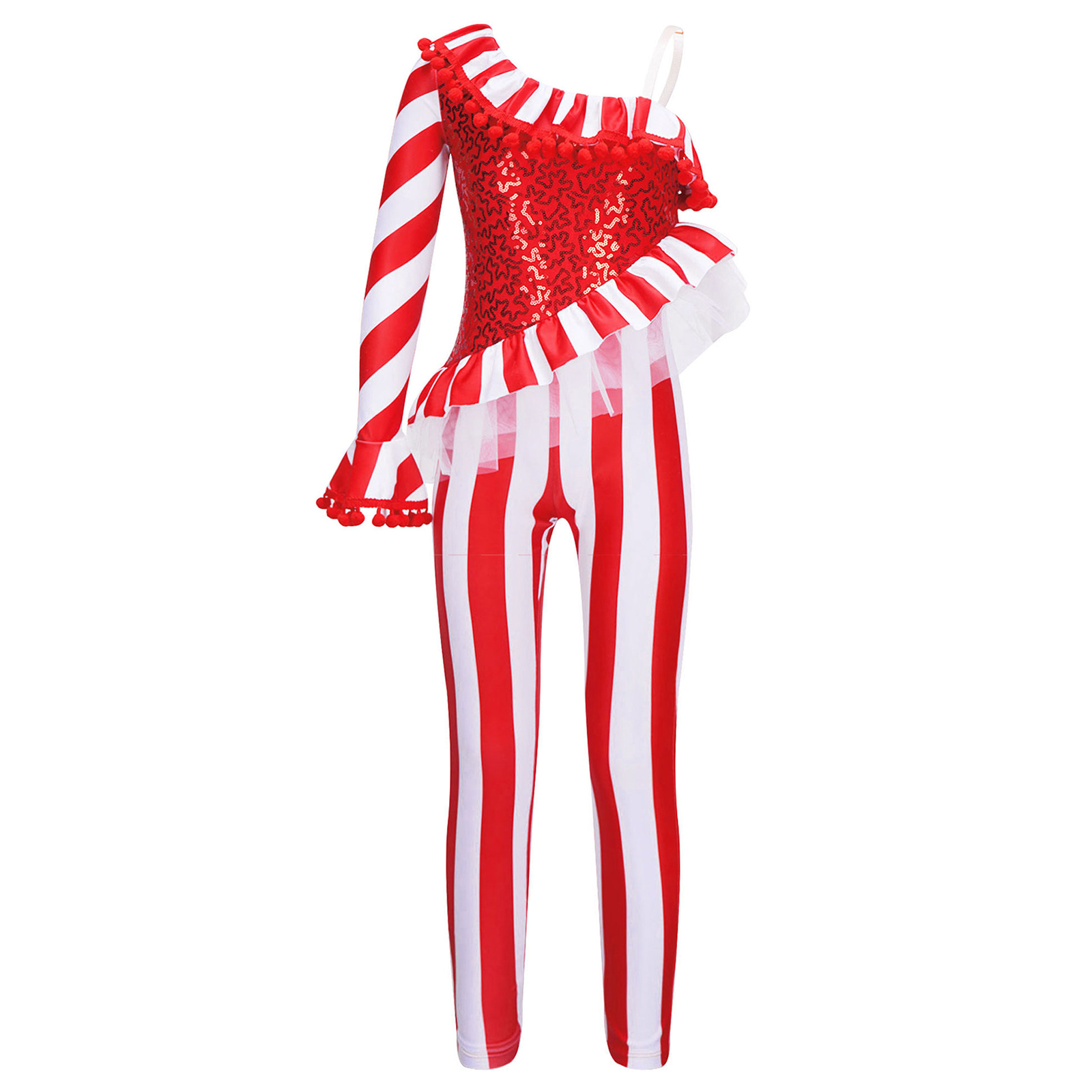 เด็กหญิง Candy Cane คริสต์มาสเต้นรำ Bodysuit Jumpsuit Unitard One ไหล่ Xmas Holiday Santa Sweetie เครื่องแต่งกาย Dancewear