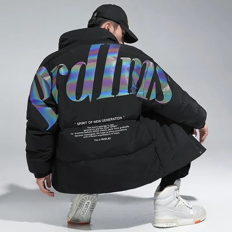 メンズホワイトダックダウンジッパージャケット,コート,スタンドカラー,ショート,レター,ルーズフィット,防寒着,冬服,M-3XL