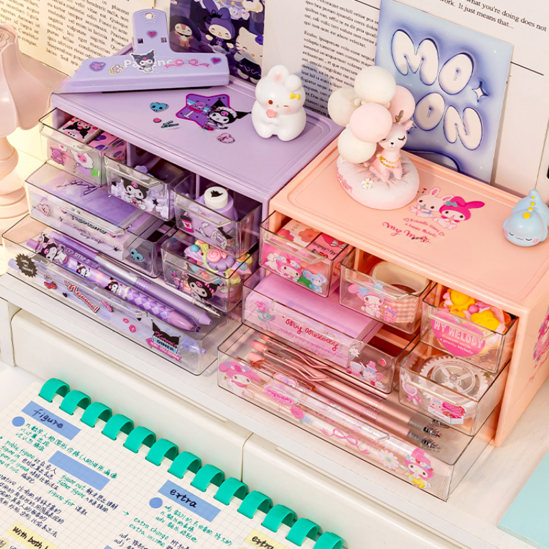 Sanrio 6 Grid Storage Box Desktop Tipo di cassetto Scatola organizzativa trasparente Portapenne da scrivania Invia adesivi Kuromi Melody Cinnamoroll