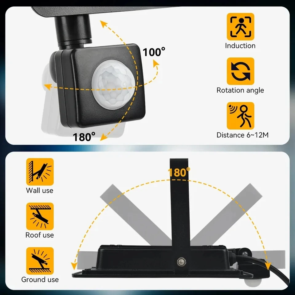 Holofote led com sensor de movimento pir, luz de parede externa, luz branca 50w 20w ip66, à prova d'água, holofote para jardim
