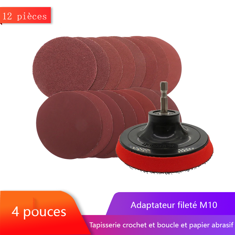 Jeu de disques de ponçage de 4 pouces, papier de verre à crochet et boucle de 100mm, tampon de support de grain 60-240 avec adaptateur de perceuse M10 pour outils de nettoyage et de polissage