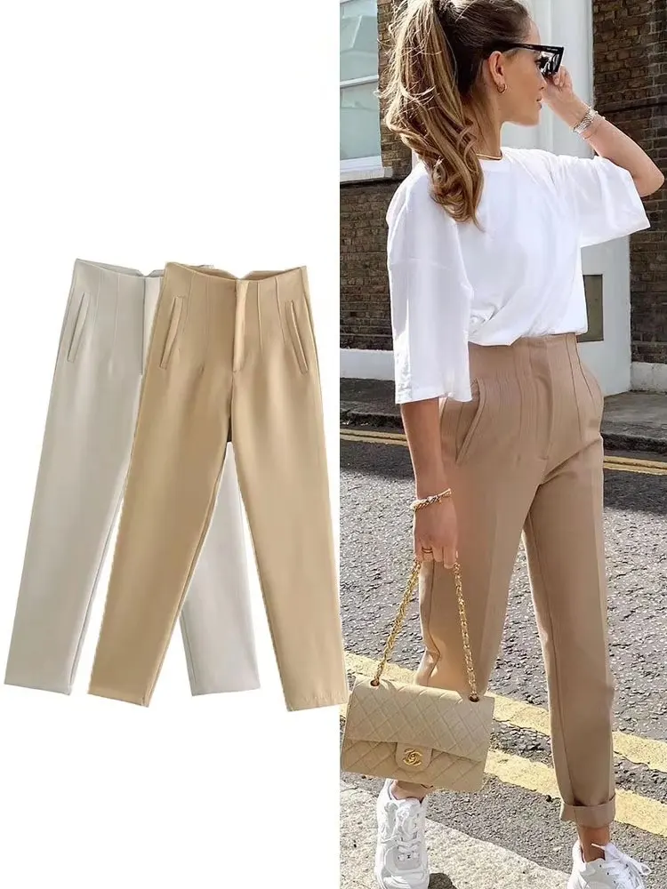 HH Pantaloni a matita solidi eleganti da donna Pantaloni a vita alta per donna Pantaloni casual da donna streetwear Abbigliamento da ufficio Pantaloni chic