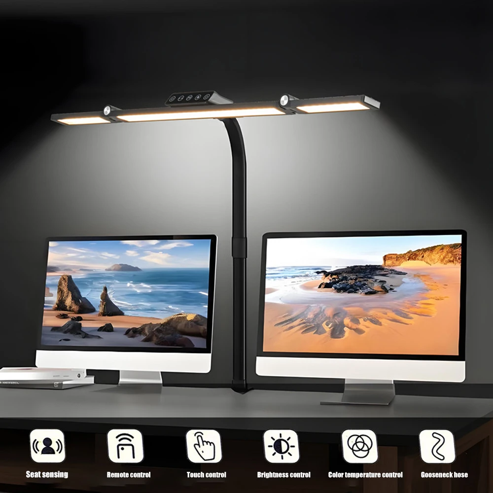 Lâmpada de mesa led para escritório doméstico, cabeça dupla, escurecimento contínuo, luzes de leitura para cuidados com os olhos, modo de 3 cores, flexível, ajustável, lâmpadas de mesa para pc