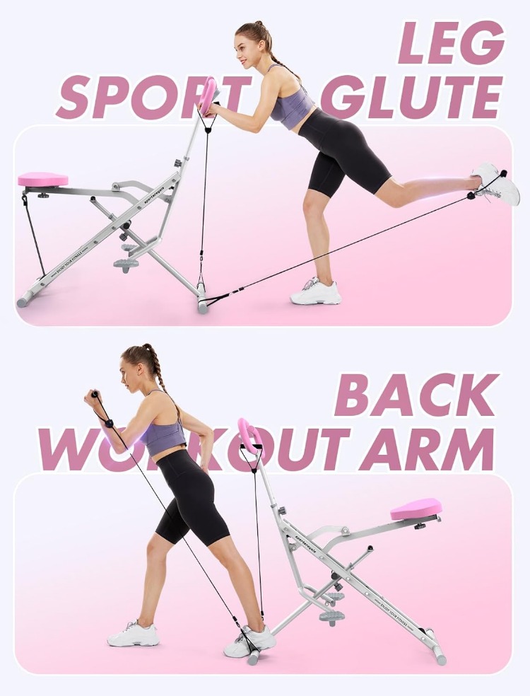 Pink Squat Machine for Home,Rodeo Core Exercise Machine,330lbs Foldable,Adjustable 4 Resistance Bands,Ride & Rowing Machine