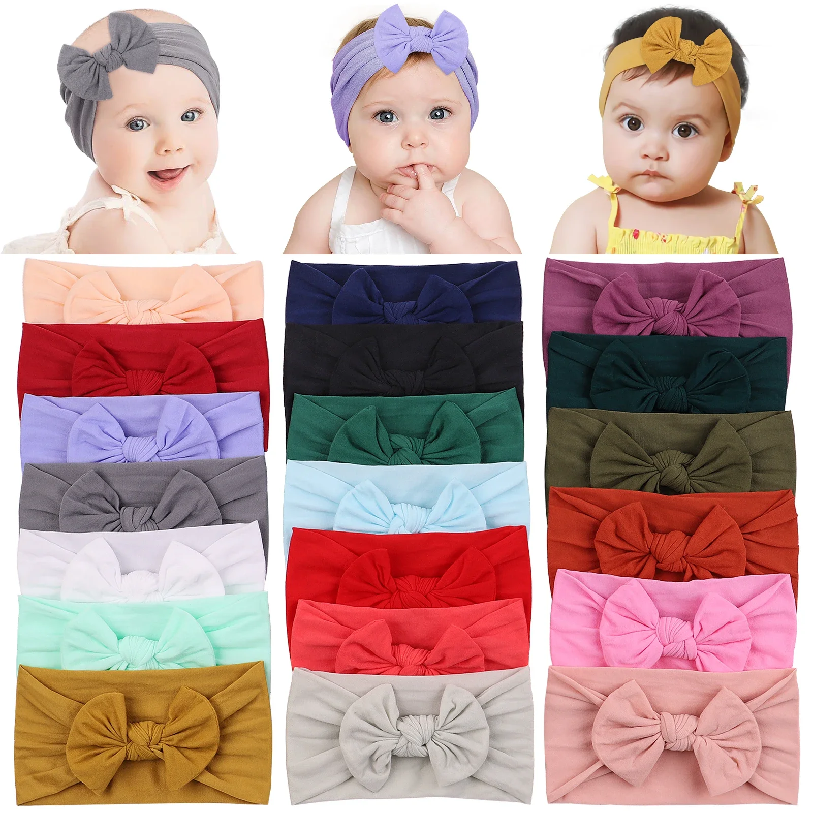 Faixa de cabelo elástica para recém-nascidos, cor sólida, laço largo, crianças, meninas, boutique, turbante, acessórios para cabelo de bebê