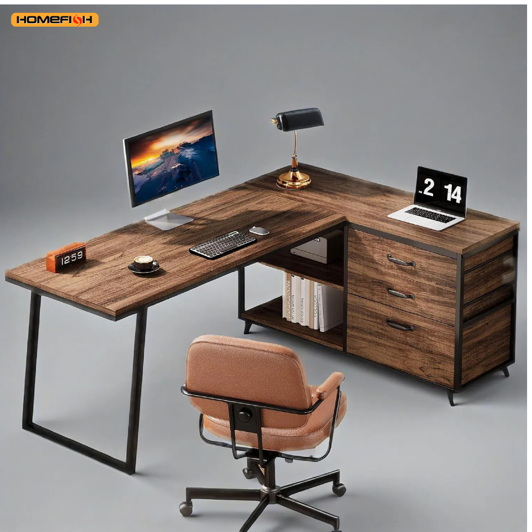 L Shaped Office Desk, Reversible Corner Computer Desk with 3 File Drawers and 2 Storage Shelves for Home Office, Study