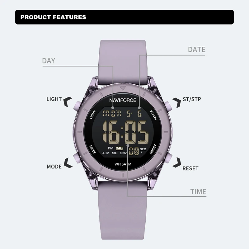 NAVIFORCE คุณภาพสูงนาฬิกาผู้หญิง 50 M กันน้ํา LCD Digital Display นาฬิกาข้อมืออิเล็กทรอนิกส์สําหรับผู้หญิงซิลิโคนนาฬิกาหญิง