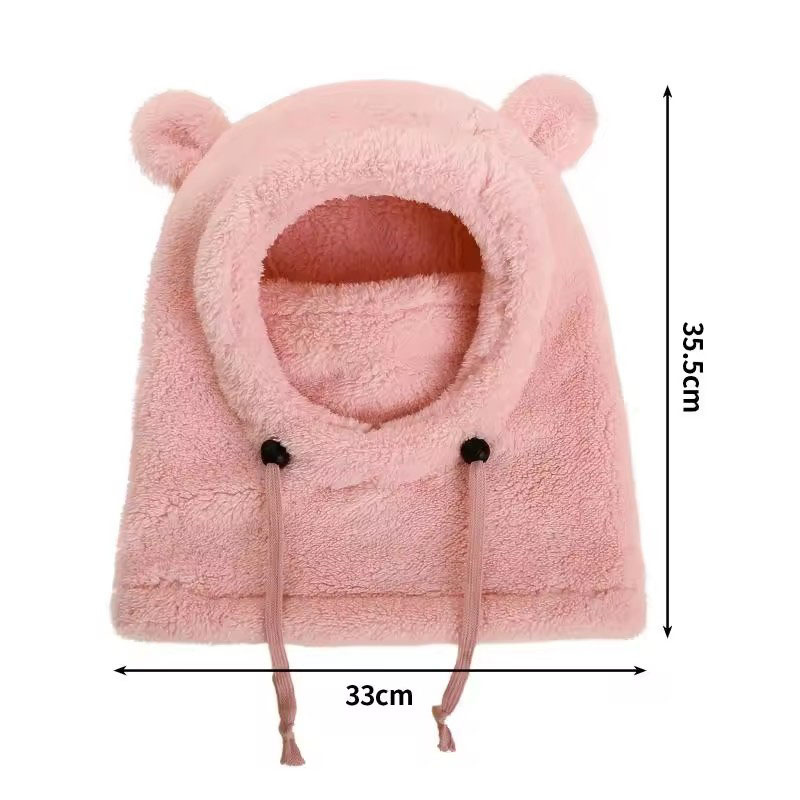 New Children's All-in-one Protective Helmet Balaclava Thicken Warm Drawstring Adjustable Outdoor Skiing Cute Bear Ear Plush Hat