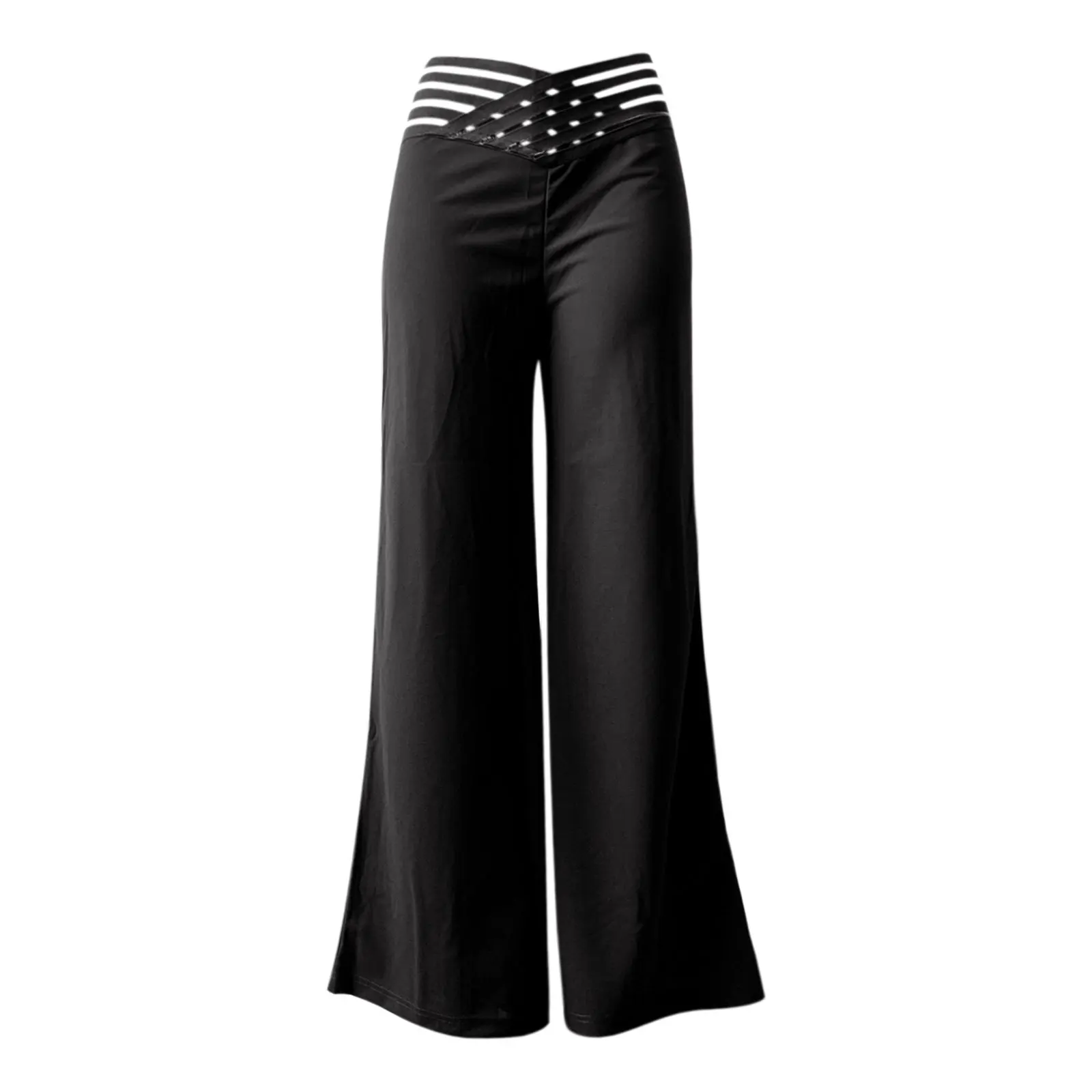 Pantalones acampanados para mujer, pantalones elegantes informales de oficina para mujer, pantalones de cintura alta para primavera y verano, pantalón de pierna ancha con parche de malla transparente entrecruzado liso