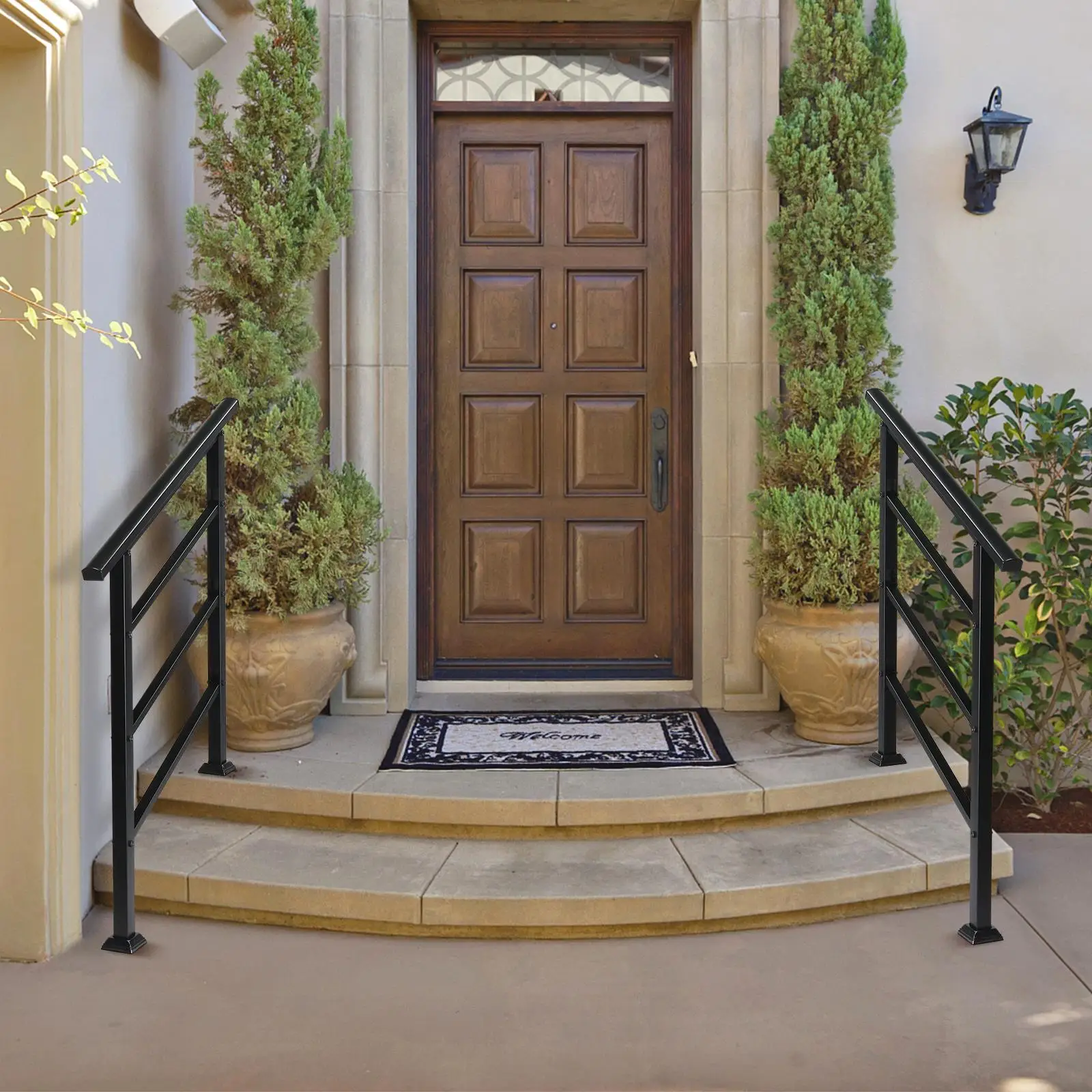 for outdoor Wrought Iron Handrails for 1-3 Steps, Easy Install Kit, Black Transitional Design