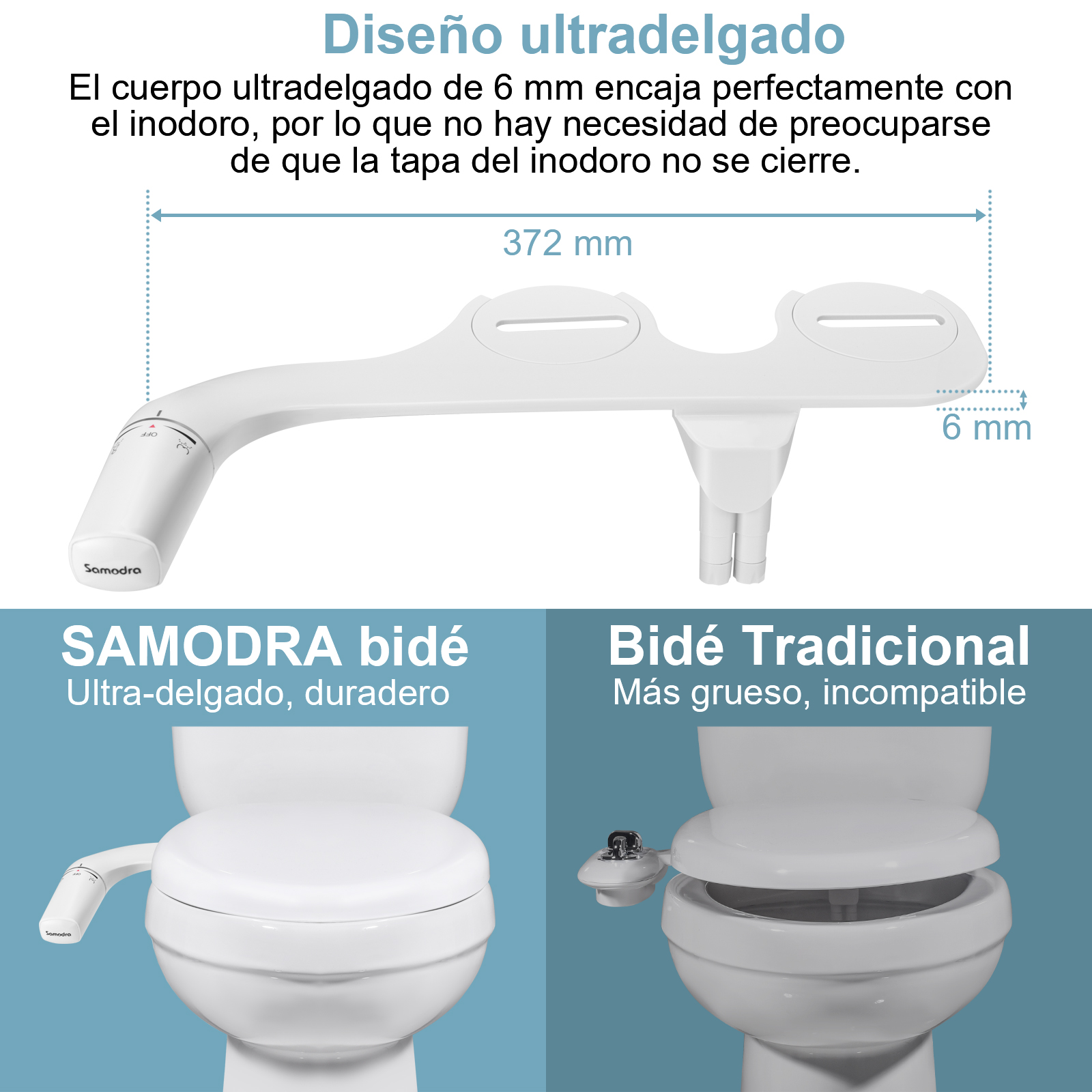 Bidet SAMODRA Ultra-Delgado, Bidet Minimalista para Inodoro con Doble Boquilla (Lavado Frontal y Trasero) Presión de Agua Ajustable, Attachment de Asiento para Inodoro con Agua Fresca, Fácil de Instalar.