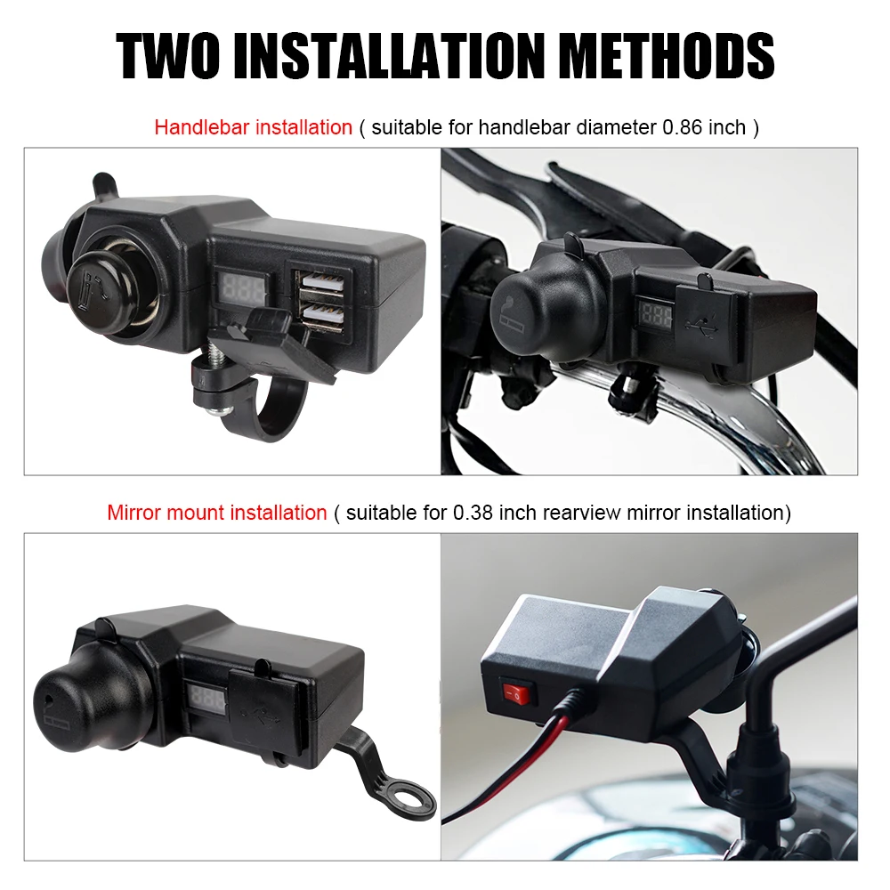 Enchufe USB Dual con encendedor de cigarrillos, medidor de voltaje Digital, cargador de motocicleta, interruptor de encendido/apagado, 3,4 A, carga rápida 3,0, 10-24V