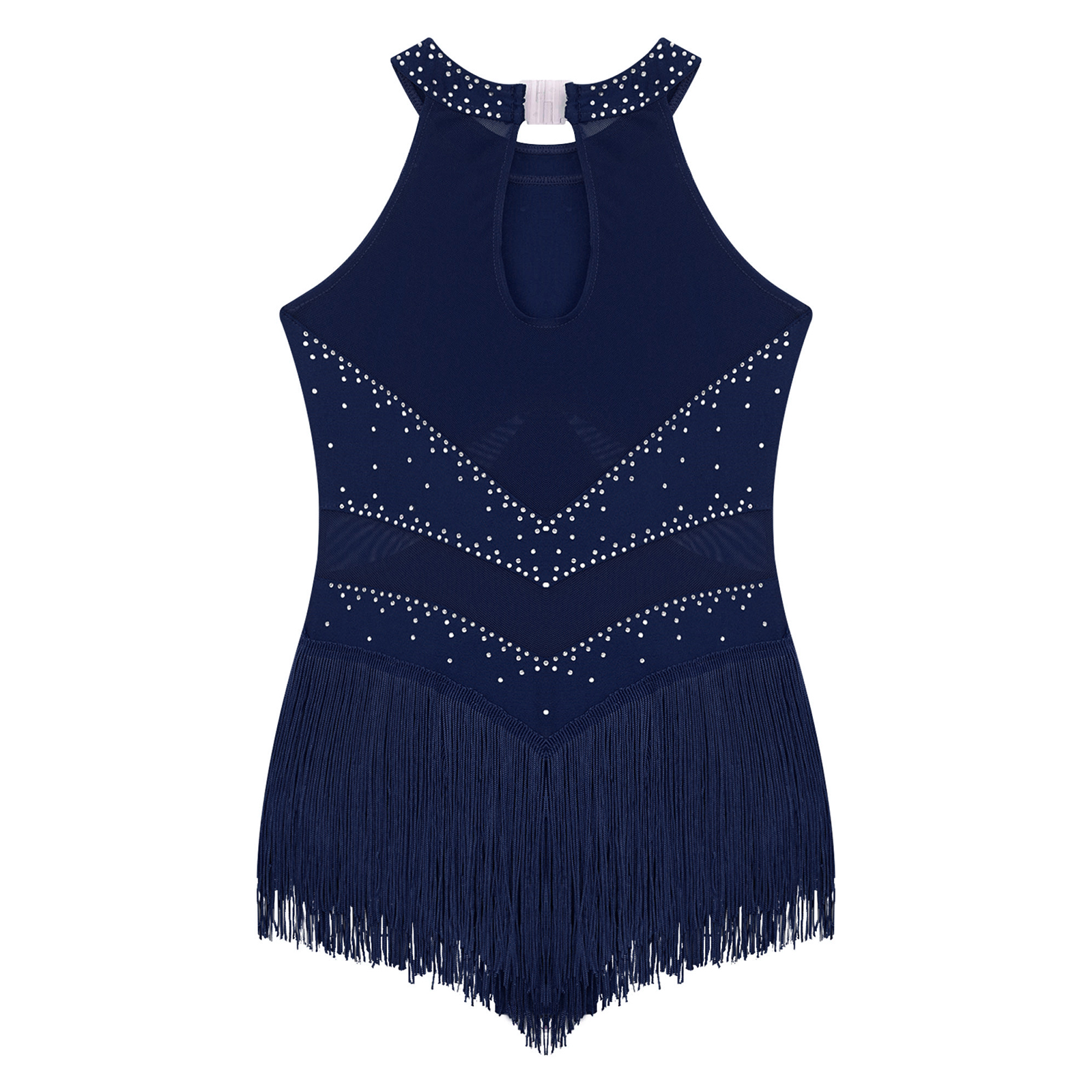 Kids Girls Fringed Dance Leotard Glittery Rhinestones Sheer Mesh Patchwork Keyhole Back Tassel Bodysuit for Figure Skating