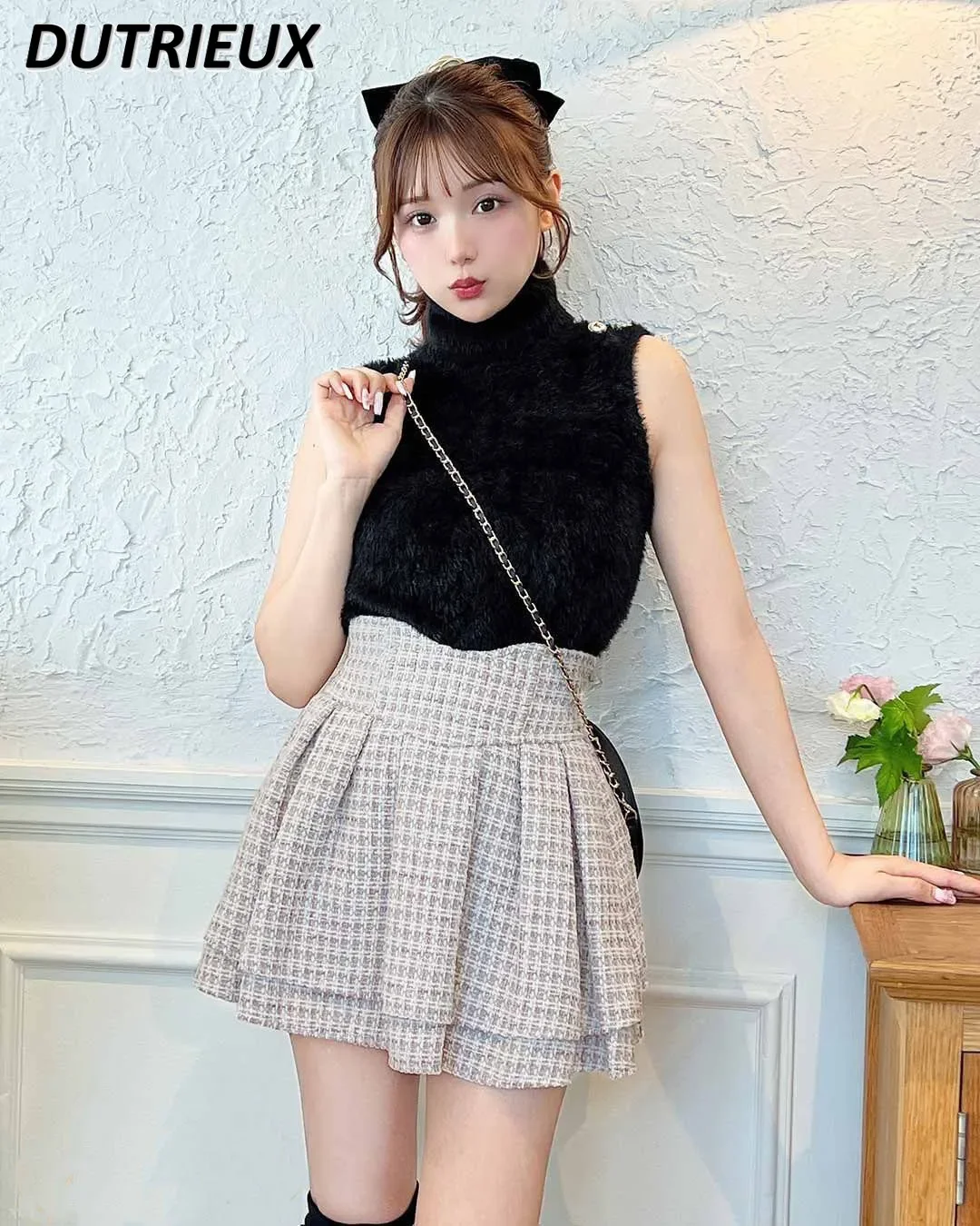 日本ロリータスカートフリルプリーツチェック柄スカート女性 2025 春の新弾性ハイウエスト痩身優しいミニスカートキュロット