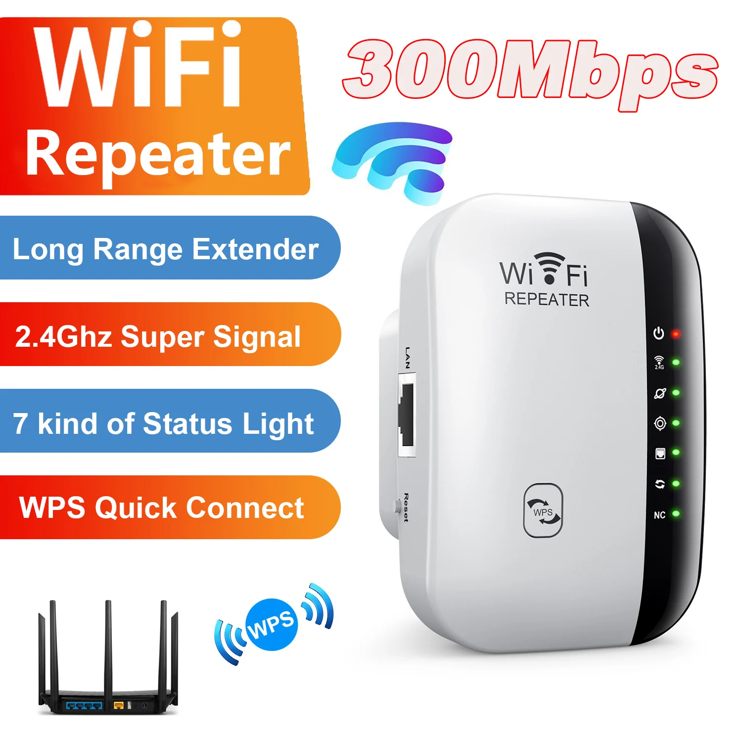 Repetidor WiFi inalámbrico 300Mbps extensor WiFi amplificador enrutador 802.11N WPS de largo alcance 7 luz de estado repetidor WiFi para PC