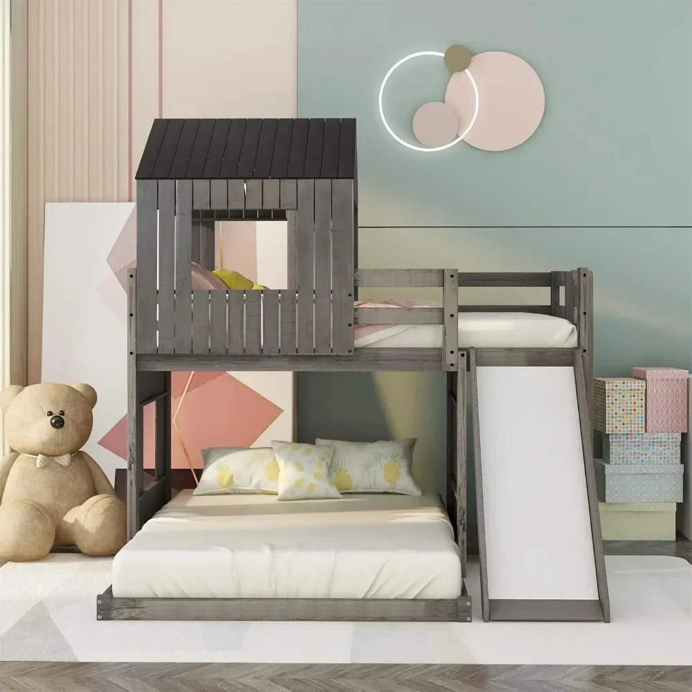 House Bunk Beds Twin Over Full Size, Wood Bunk Beds with Roof and Window Distressed Grey, Twin Over Full with Slide