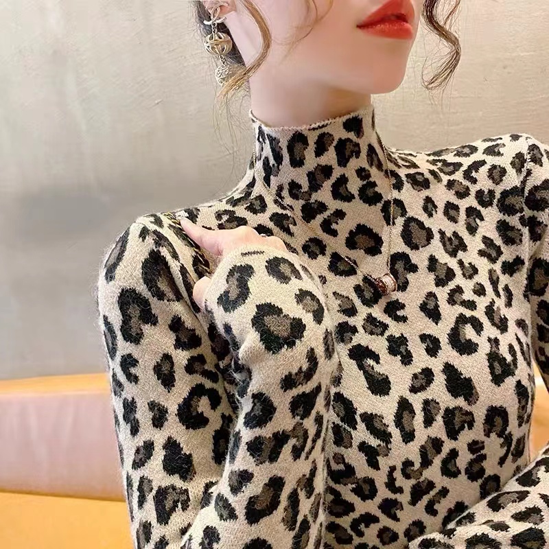Herbst Winter Mode Alle-spiel Leopard Print Pullover Frauen Kleidung Elegante Dünne Halb Hohe Kragen Langarm Pullover Y2k top