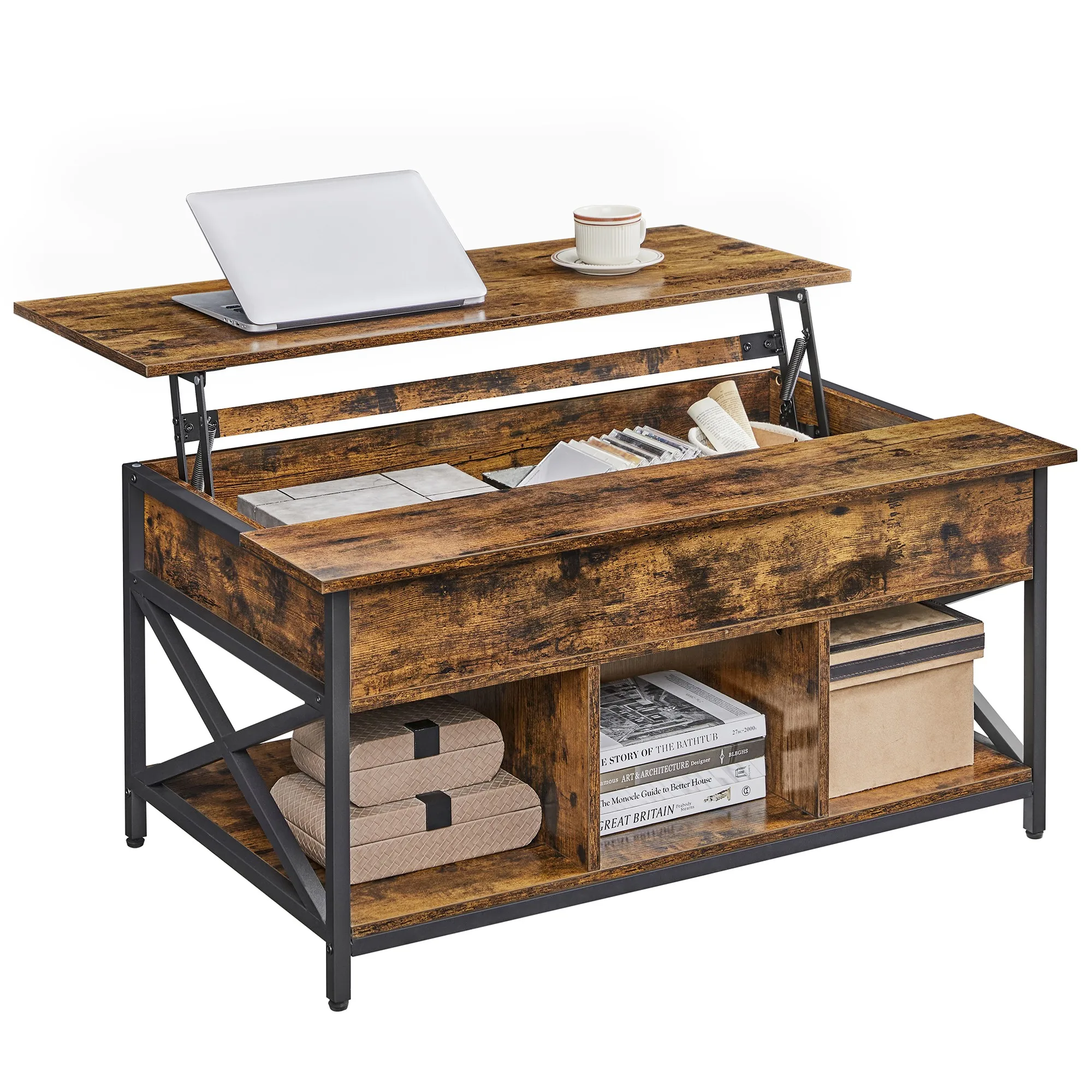 VASAGLE Table Basse, Table de Salon avec Plateau Relevable, avec Rangement Ouvert et Compartiment Caché, Barres en Forme de X, 60 x 100 x (48-62) cm