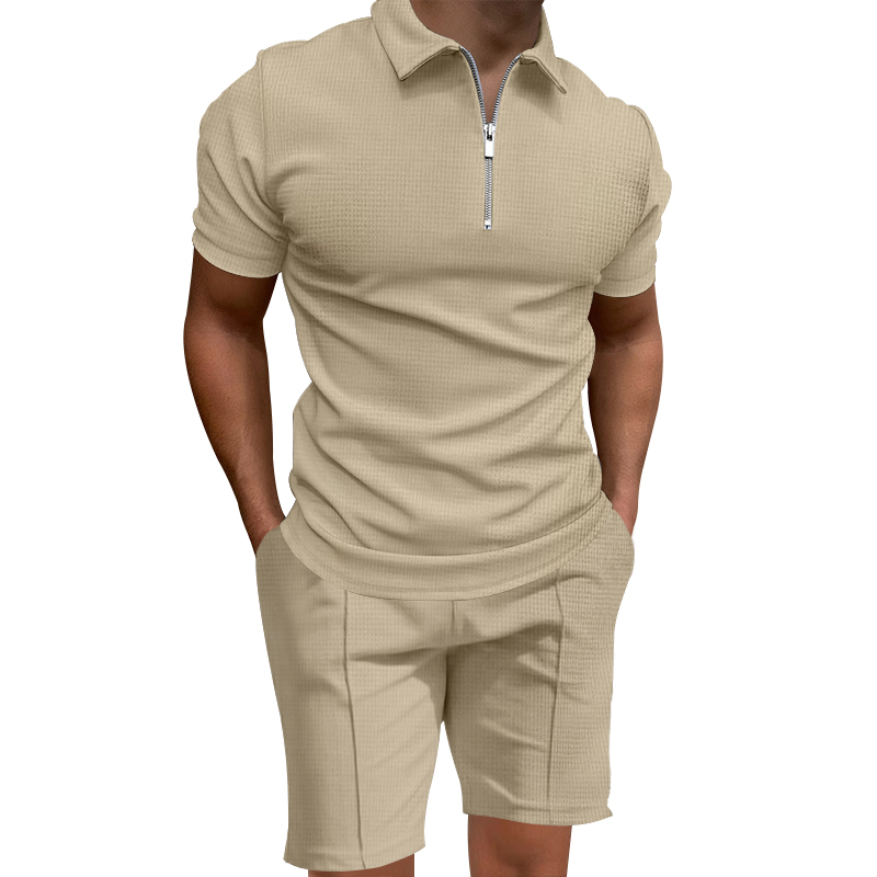 Grenzüberschreitendes 2024 Sommer-Herren-Poloshirt-Set, einfarbig, Waffel, kurzärmelig, schmales Revers-T-Shirt, lässiges Herren-Set