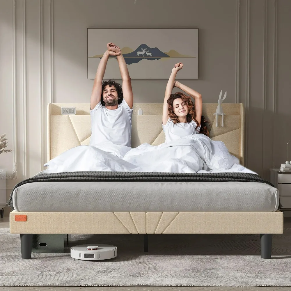 Queen Bed Frame with Charging Station, Upholstered Platform Bed with Wingback Storage Headboard, Beige