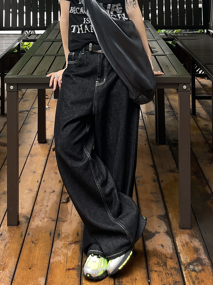 HOUZHOU ヴィンテージ刺繍黒ジーンズ女性特大ストリートグランジ Y2k だぶだぶのデニムパンツボーイフレンドジーンズヒップホップゴシック