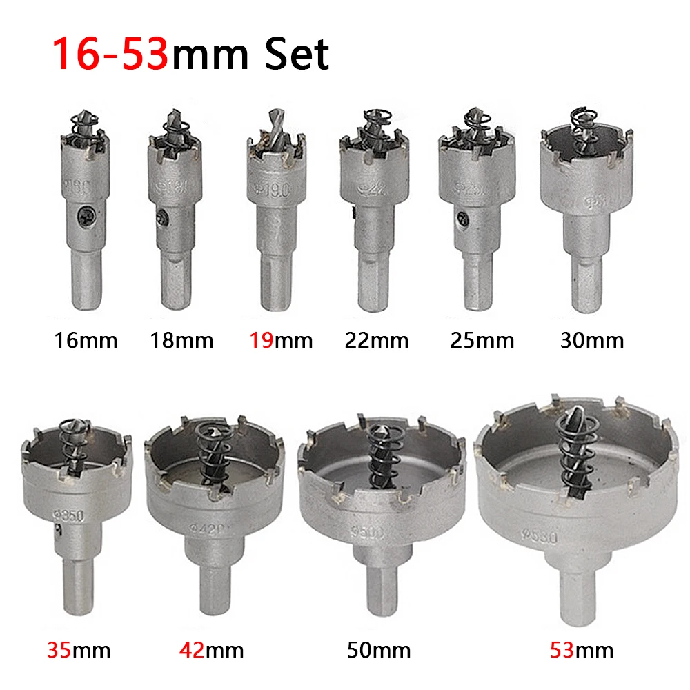 10Pcs16-53mm โลหะผสมรูชุดคาร์ไบด์เคล็ดลับ TCT เครื่องตัดโลหะ Core เจาะชุด Bit สําหรับสแตนเลสโลหะเจาะ Crown