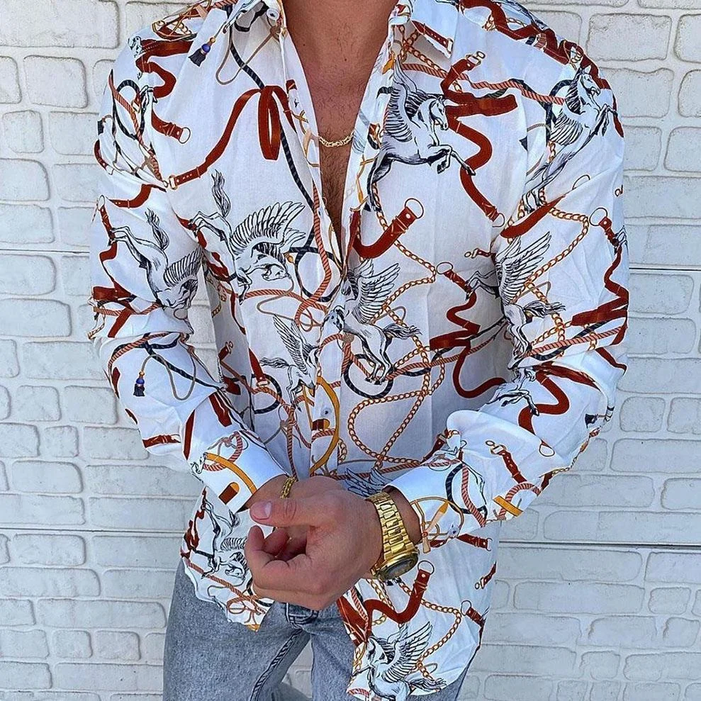 Mode männer Revers Button Up Hemd Casual Design Gedruckt Langarm Tops Straße männer Übergroße Lose Langarm Shirts 2024