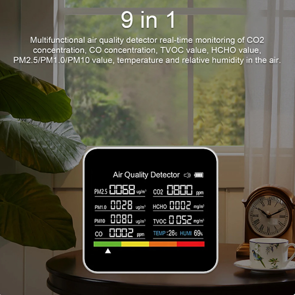 9 In 1 Monitor della qualità dell'aria misuratore di CO2 CO TVOC HCHO PM2.5 PM1.0 PM10 misurazione della temperatura e dell'umidità rilevatore di anidride carbonica