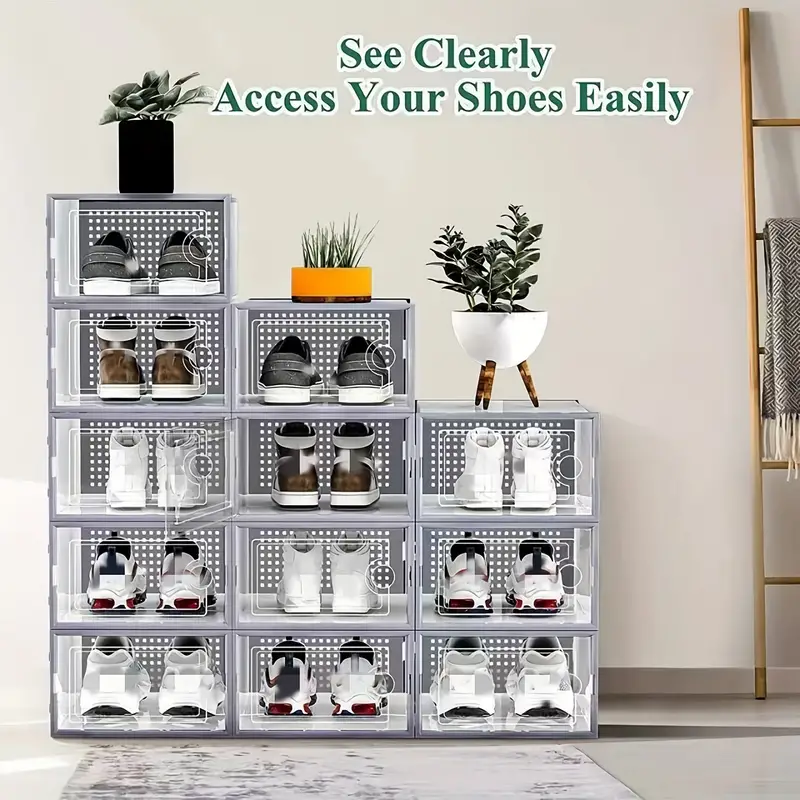 6/12 thick transparent shoe boxes with lids, shoe storage and organizing boxes, foldable and stackable shoe racks, space saving